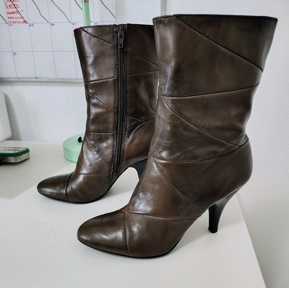 NINE WEST ALLYOURSO Brown Leather Mid-Calf Heeled Boots Y2K